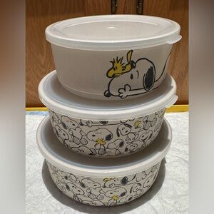 Snoopy & Woodstock Bamboo Nesting Bowls with Lids - set of 3 New